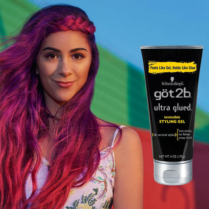HOTgot2b Ultra Glued Invincible Styling Gel Set, 6 Fl Oz (2-Tube) + 1.25 Fl Oz Travel Size, Hair Gel for Men and Women with Extra Strong Hold, Non-Sticky, No-Flake Formula for Vertical Styles