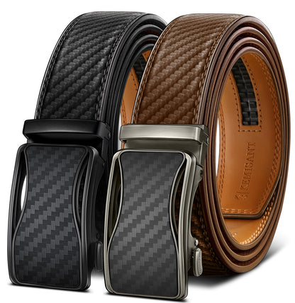 HOTKEMISANT Ratchet Belt For Men 2 Pack,Slide Leather Belt Adjustable For Gift Men Dress Casual Pants Jeans-Cut For Fit