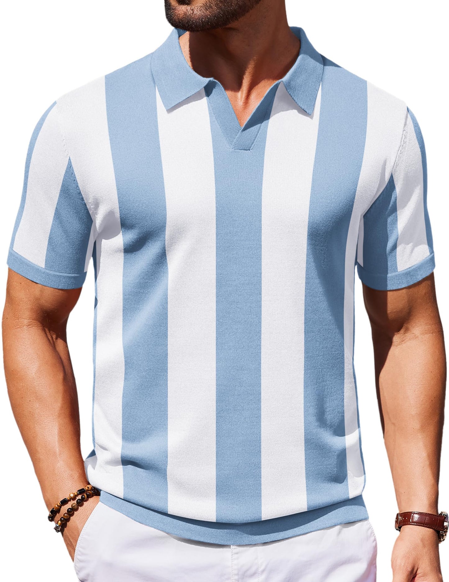 HOTCOOFANDY Men's V Neck Short Sleeve Stretch Knit Polo Shirt