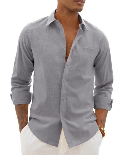 HOTAlimens & Gentle Mens Cotton Linen Textured Shirt Long Sleeve Button Down Shirts Casual Summer Beach Wedding Tops with Pocket