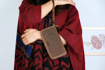 HOTCustom Women Leather Wallet Personalized Engraved Clutch with Zipper Handmade Crazy Horse Leather Purse (Brown)