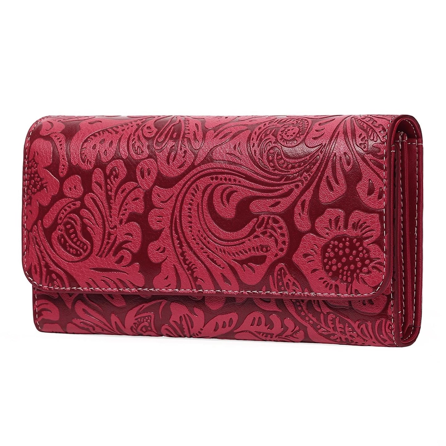 HOTGOIACII Leather Wallets for Women RFID Blocking Western Clutch Brown | Embossed Design, Trifold, Large Billfolds, Vintage Flower, Ladies Purses with Zipper Coin Pocket