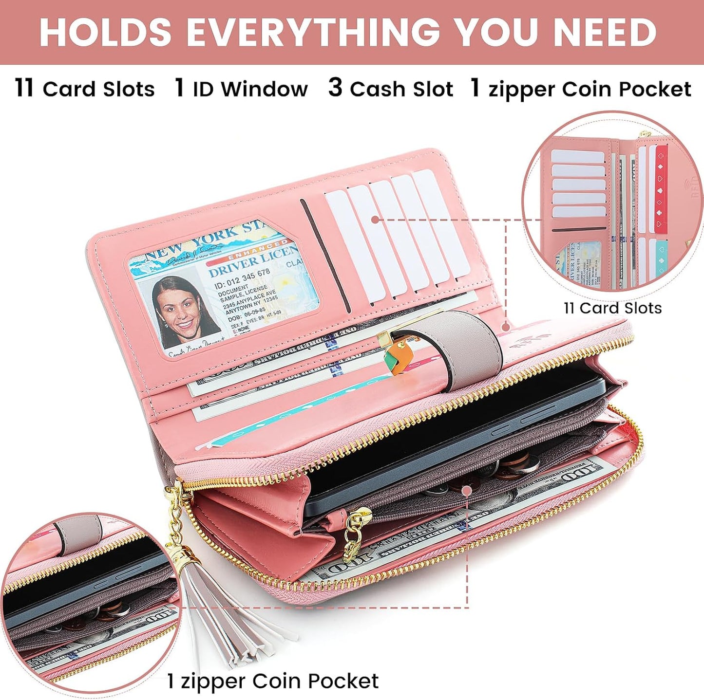 HOTPomelo Best Womens Wallet RFID Blocking Wallet for Women Bifold Large Capacity Card Holder Ladies Long Purse with ID Window Zipper Coin Pocket