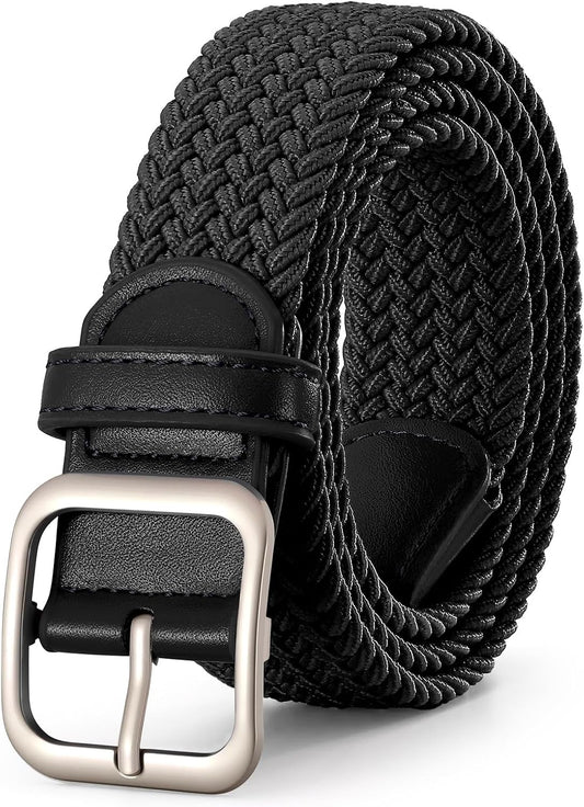 HOTXZQTIVE Women Elastic Braided Belt with Black Buckle, Woven Stretch Fabric