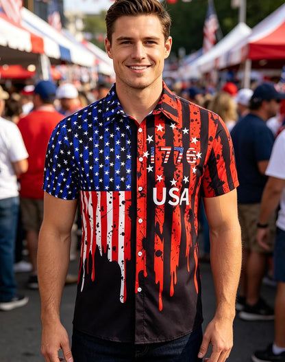 HOTuideazone Mens 4th of July American Flag Patriotic Shirt M-XXL | USA Short Sleeve Button Up Shirt for Independence Day, Memorial Days, Flag Day, 4th of July Parties, Beach Trips and Daily