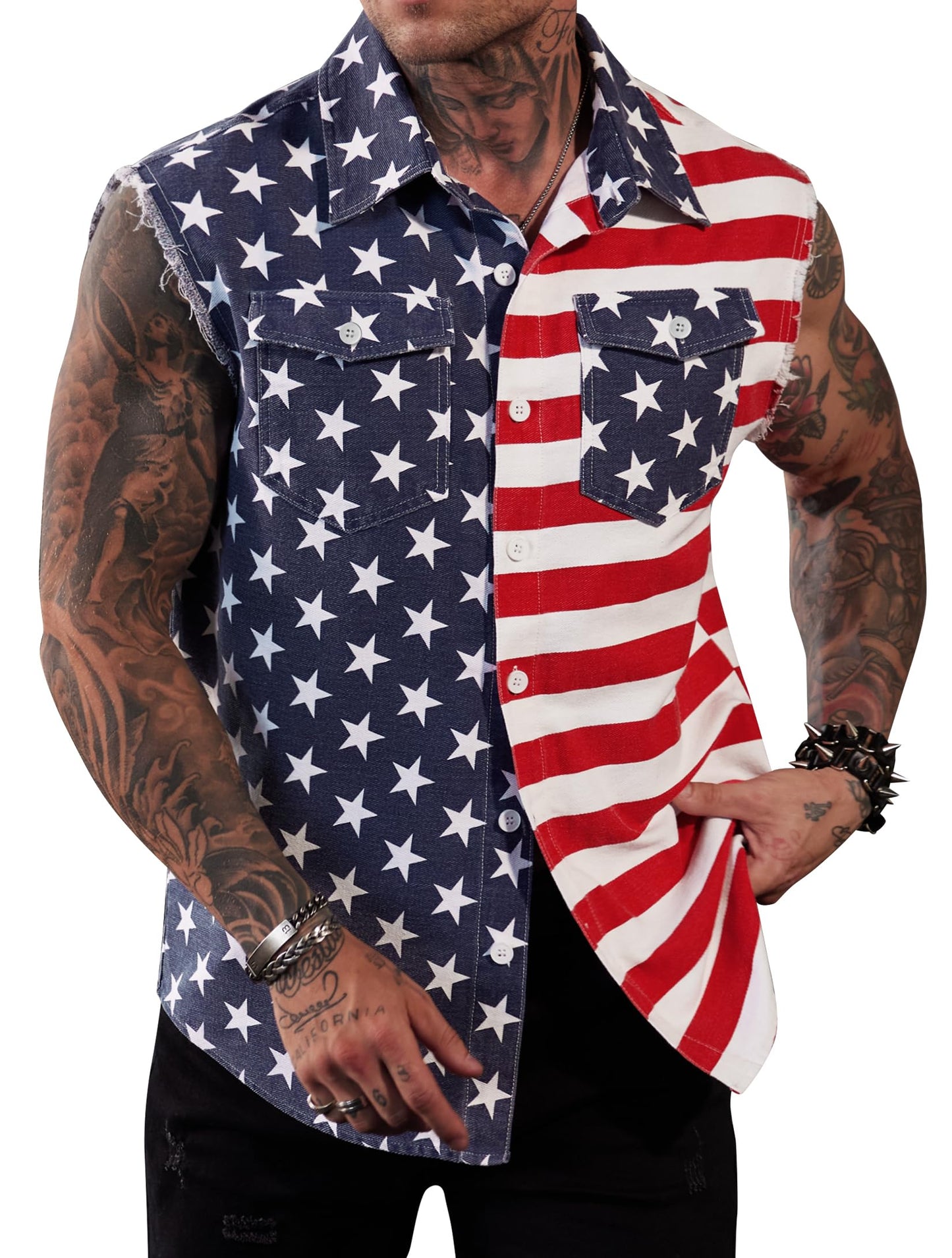 HOTMainfini Men's American Flag Denim Vest 4th of July Sleeveless Jacket With Pockets (S-XXL)