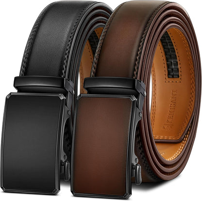 HOTKEMISANT Men's Ratchet Leather Belt 2Pack-Trimmable 1 3/8“-Gift Boxed | Smooth Sliding | Micro Adjustable Fit | Tailored Size | Holeless Understated Elegance