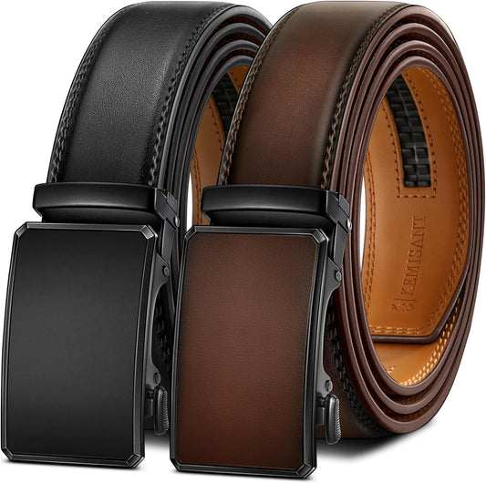 HOTKEMISANT Men's Ratchet Leather Belt 2Pack-Trimmable 1 3/8“-Gift Boxed | Smooth Sliding | Micro Adjustable Fit | Tailored Size | Holeless Understated Elegance