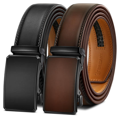 HOTKEMISANT Men's Ratchet Leather Belt 2Pack-Trimmable 1 3/8“-Gift Boxed | Smooth Sliding | Micro Adjustable Fit | Tailored Size | Holeless Understated Elegance