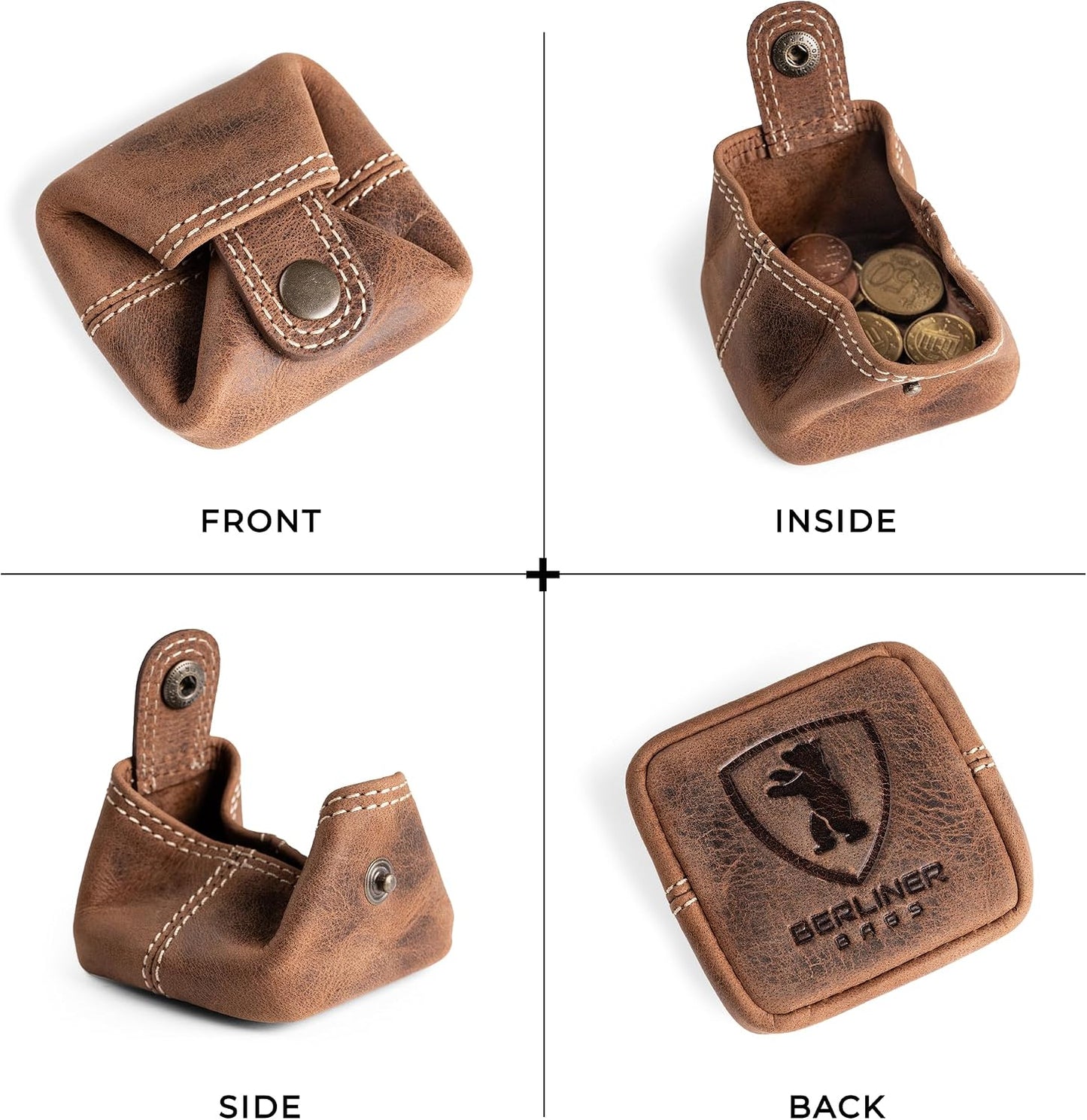 HOTBerliner Bags Vintage Genuine Leather Coin Pouch Lena, Change Purse for Women and Men, Coin Purse With Snap - Brown