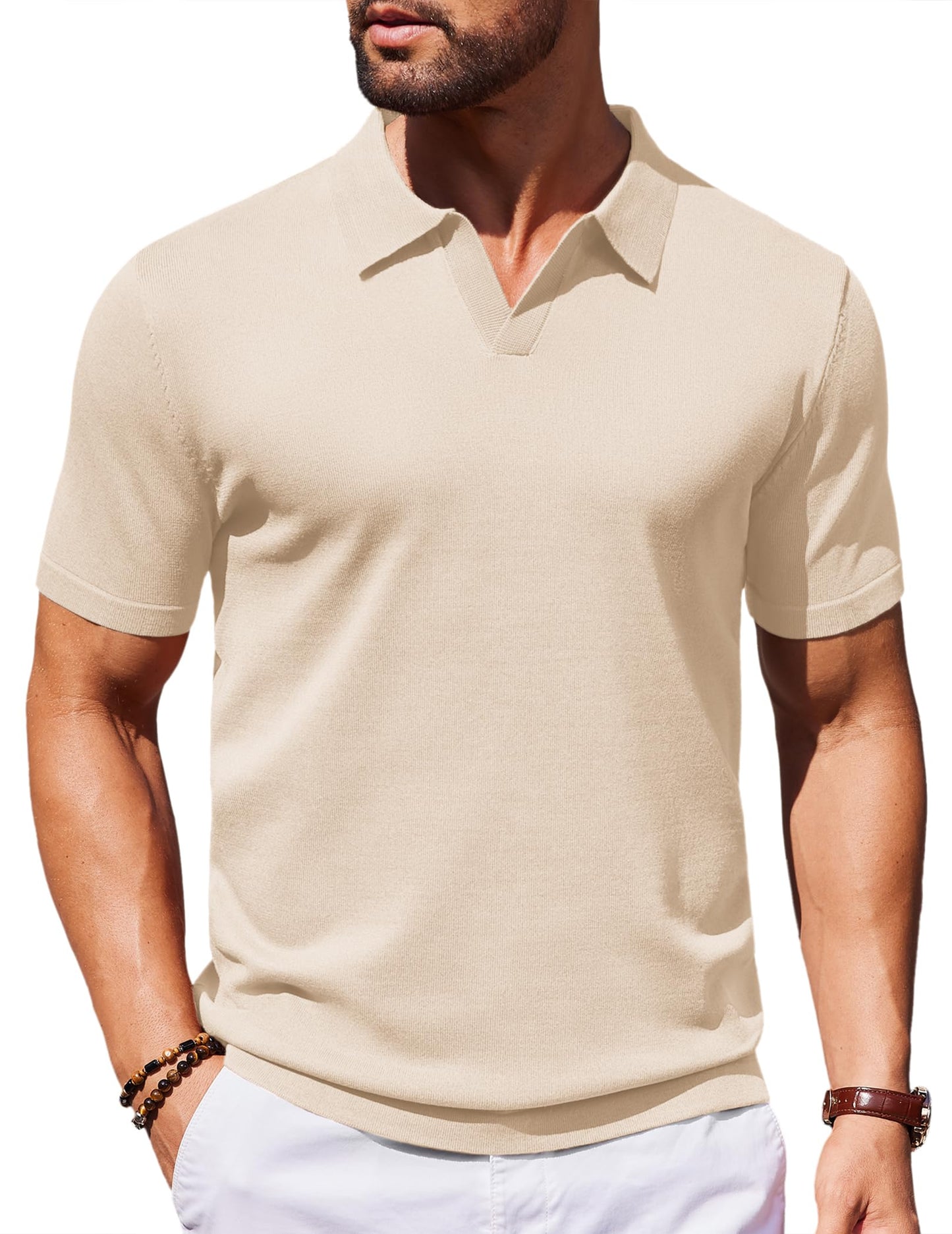 HOTCOOFANDY Men's V Neck Short Sleeve Stretch Knit Polo Shirt