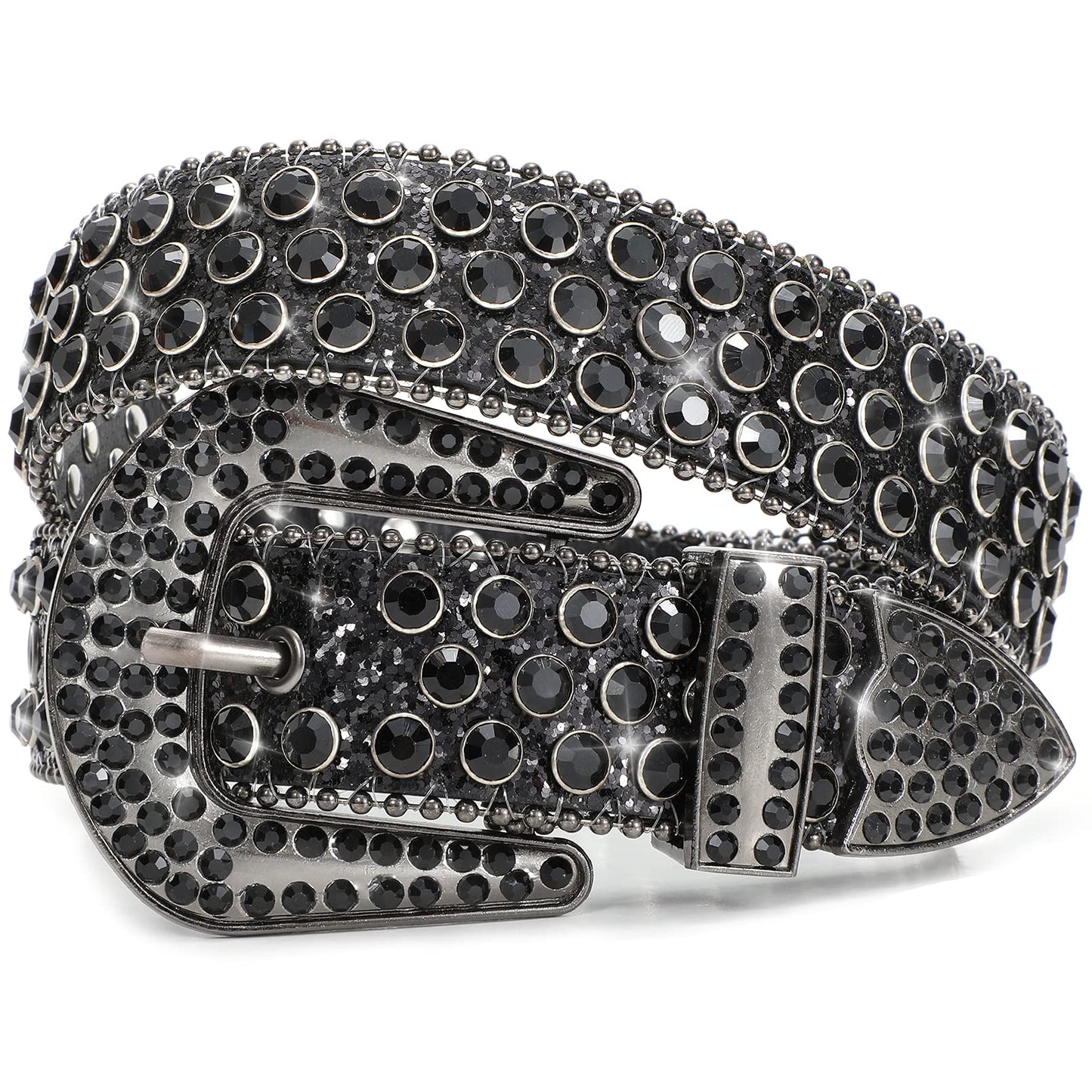 HOTXZQTIVE Cowgirl Bling Studded Leather Belts for Jeans Pants with Rhinestone and Western Silver Buckle, Unisex