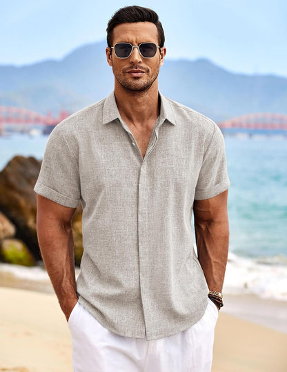 HOTCOOFANDY Men's Linen Shirts Short Sleeve Casual Shirts Button Down Shirt for Men Beach Summer Wedding Shirt