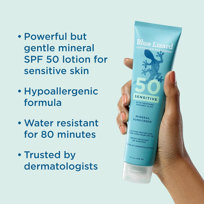 HOTBlue Lizard Sensitive Mineral SPF 50 Sunscreen Lotion, 100% Mineral Sunscreen, UVA/UVB Protection, Infused with organic Aloe Vera, Soothes and Hydrates, 5 fl oz