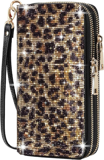 HOTWomen's Rhinestone Large Capacity Double Zipper Wristlet Clutch Purse Party Wallet Card Phone Holder