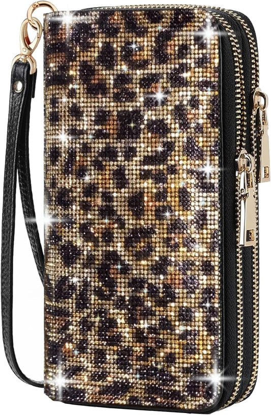 HOTWomen's Rhinestone Large Capacity Double Zipper Wristlet Clutch Purse Party Wallet Card Phone Holder