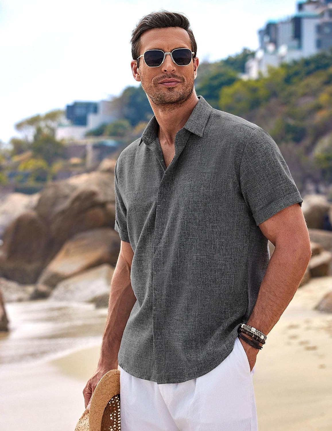 HOTCOOFANDY Men's Linen Shirts Short Sleeve Casual Shirts Button Down Shirt for Men Beach Summer Wedding Shirt