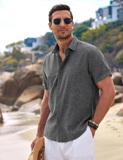 HOTCOOFANDY Men's Linen Shirts Short Sleeve Casual Shirts Button Down Shirt for Men Beach Summer Wedding Shirt