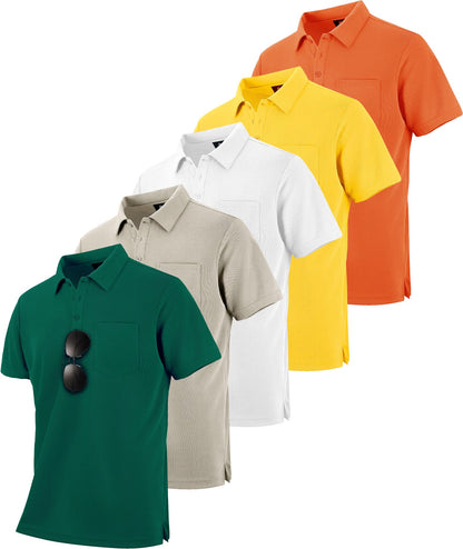 HOTSCODI 5 Pack Mens Pocket Polo Shirts Short Sleeve Multipack Golf Shirt for Men Moisture Wicking Casual Athletic Work T-Shirts