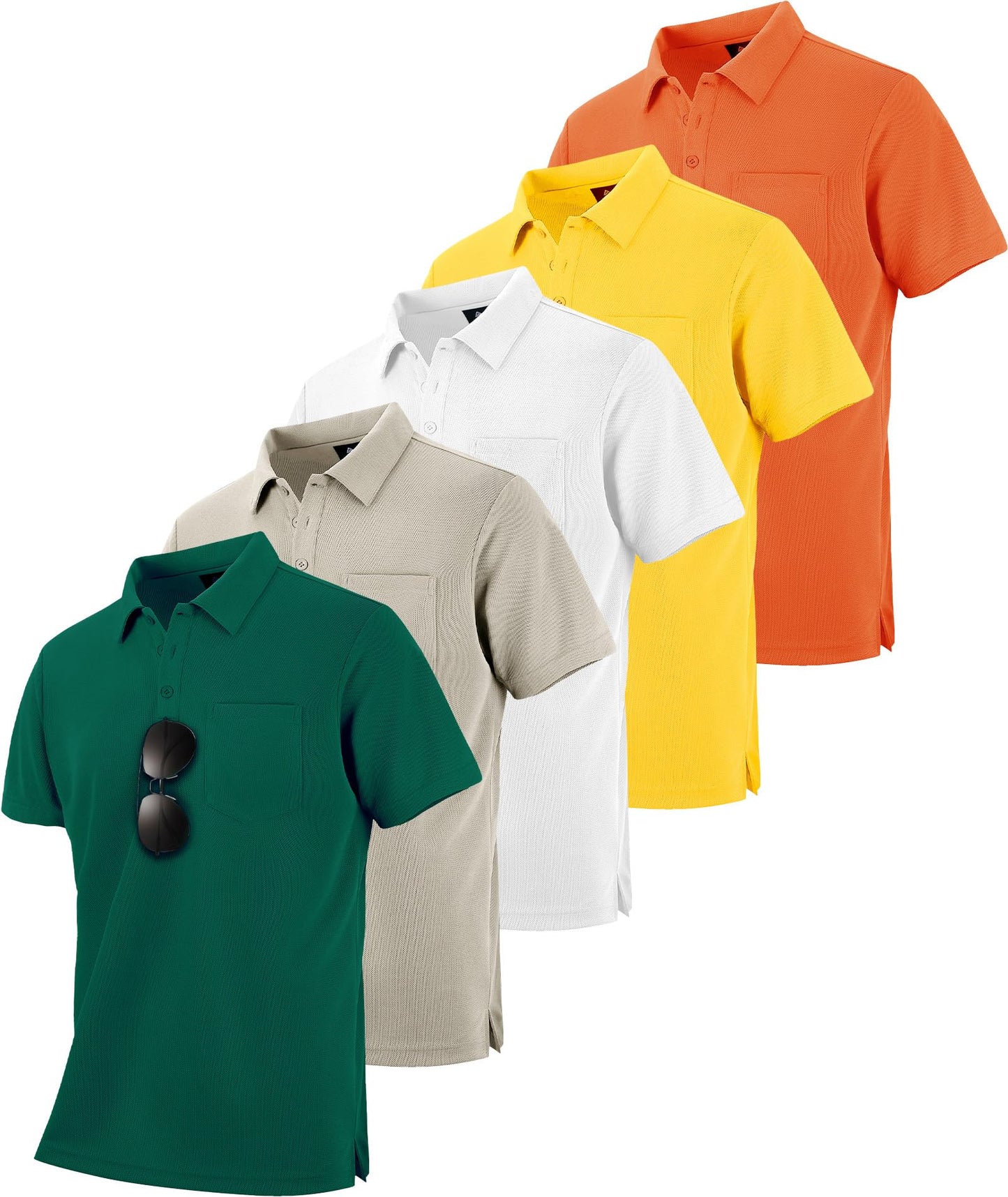 HOTSCODI 5 Pack Mens Pocket Polo Shirts Short Sleeve Multipack Golf Shirt for Men Moisture Wicking Casual Athletic Work T-Shirts