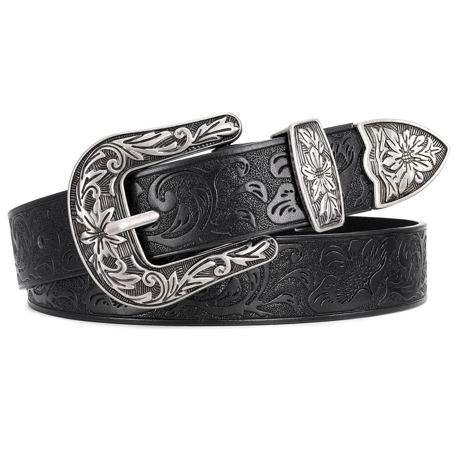 HOTJASGOOD Women Leather Belts Ladies Vintage Western Design Black Waist Belt for Pants Jeans Dresses