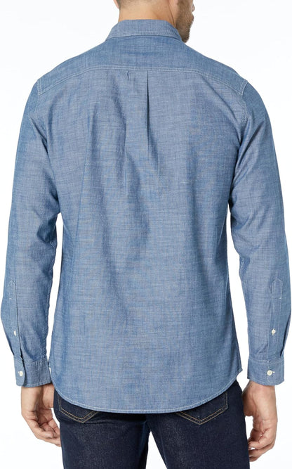 HOTAmazon Essentials Men's Regular-Fit Long-Sleeve Lightweight Cotton Chambray Shirt with Pockets