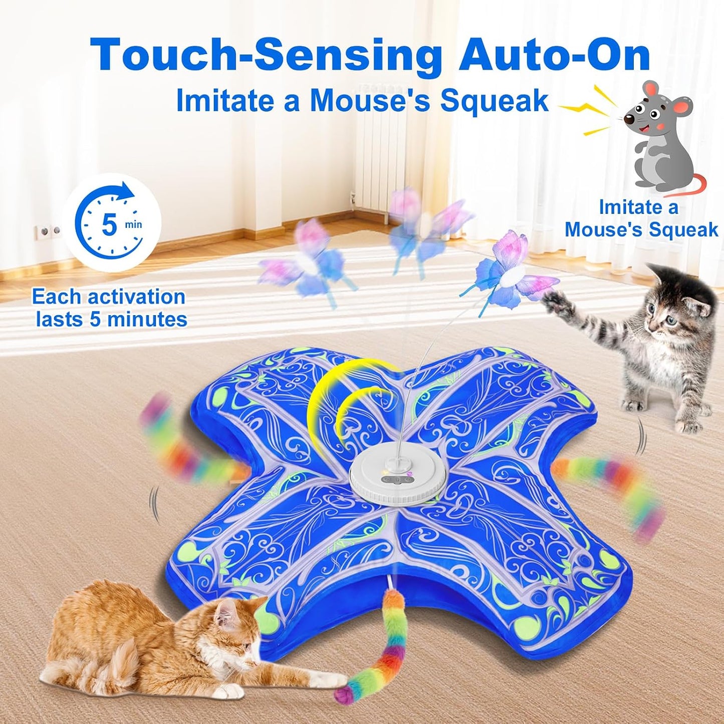 HOTInteractive Cat Toys for Indoor Cats,[Newly Upgraded] Rechargeable Touch Activated Hide and Seek Kitten Toys for Bored Indoor Adult Cats with Fluttering (Blue)