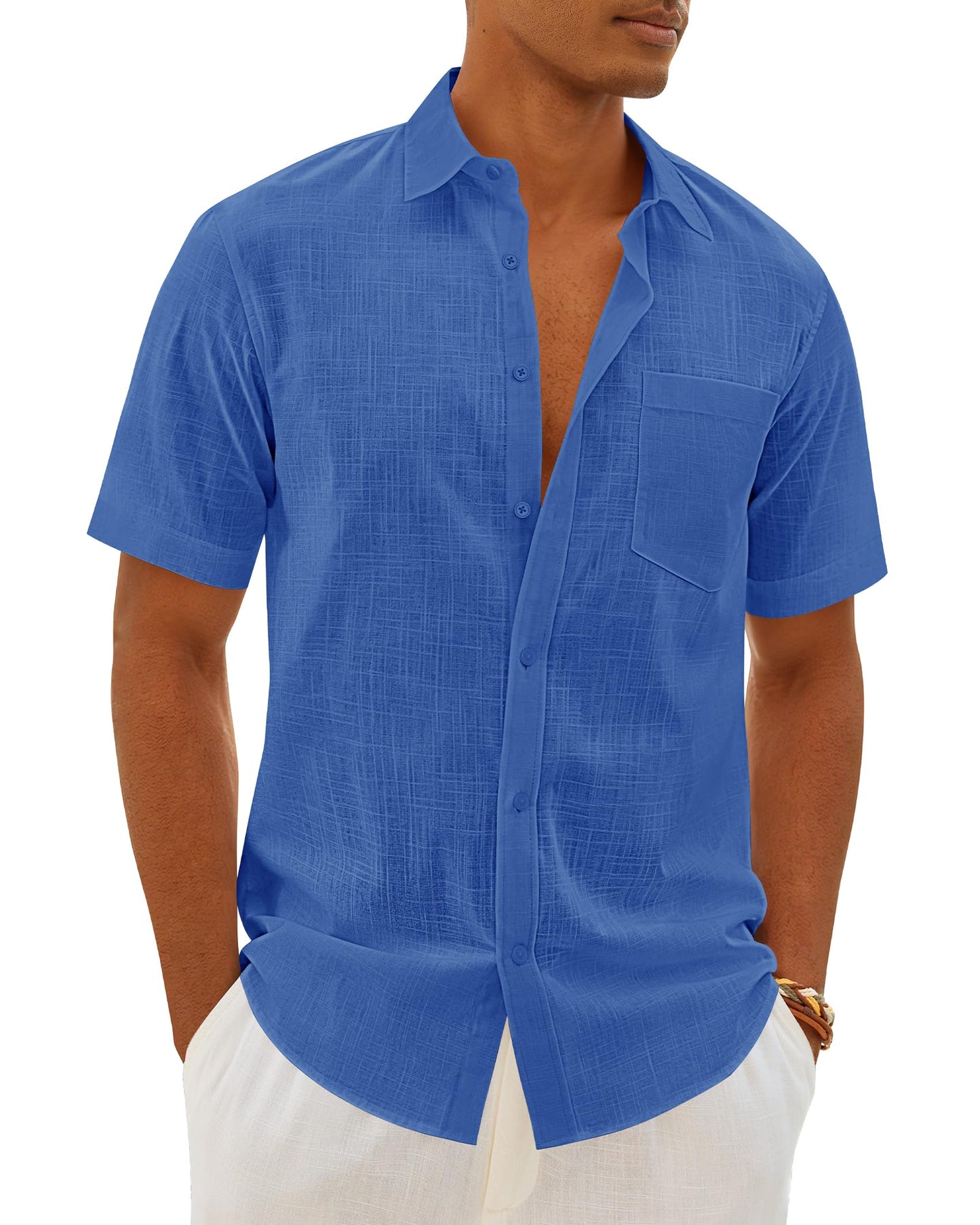 HOTMens Linen Textured Shirt Cotton Short Sleeve Summer Button Down Shirts | 100% Cotton, Linen-look Texture, Casual Wear, Breathable Feel, Lightweight, Untucked, Regular Fit, Beach, Vacation, Resort