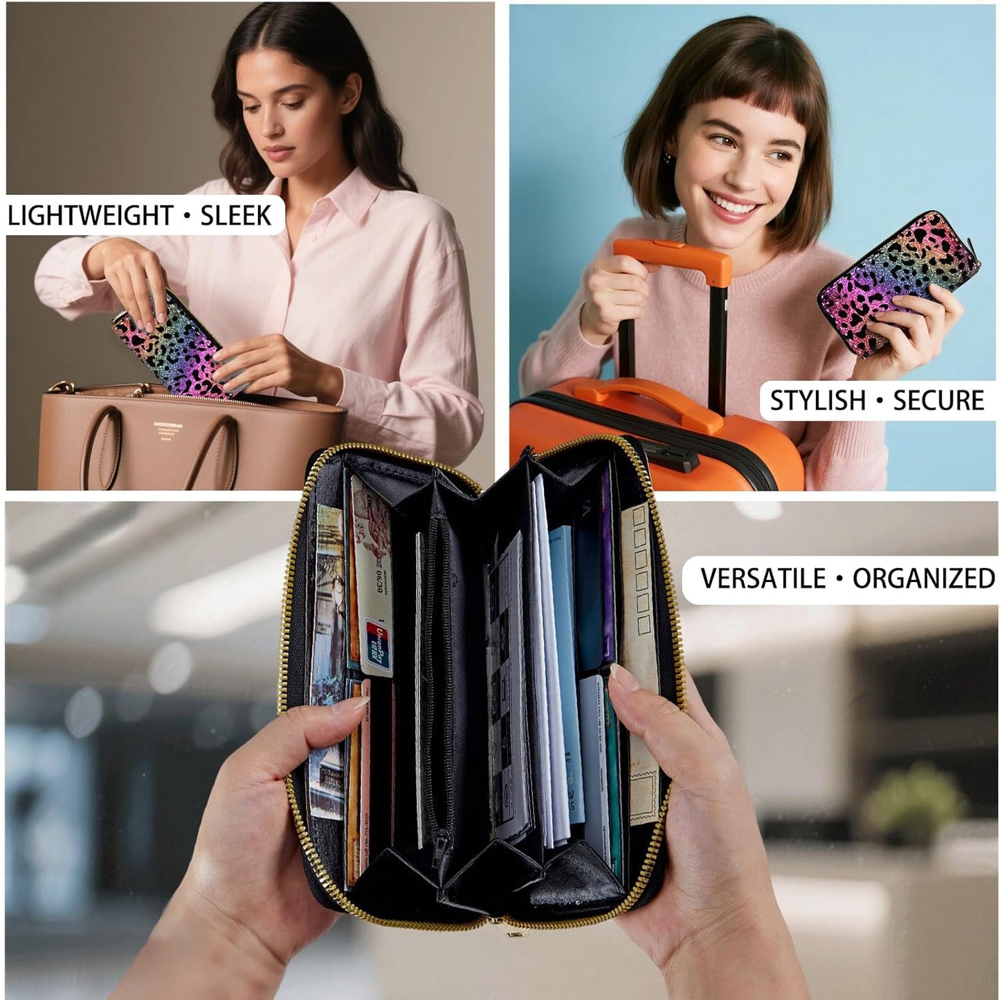 HOTRFID-Blocking Zip Around Wallets for Women with Detachable Wrist Strap, Large Capacity Credit Card Holder for Secure Everyday Use,Rainbow Glitter Leopard Print