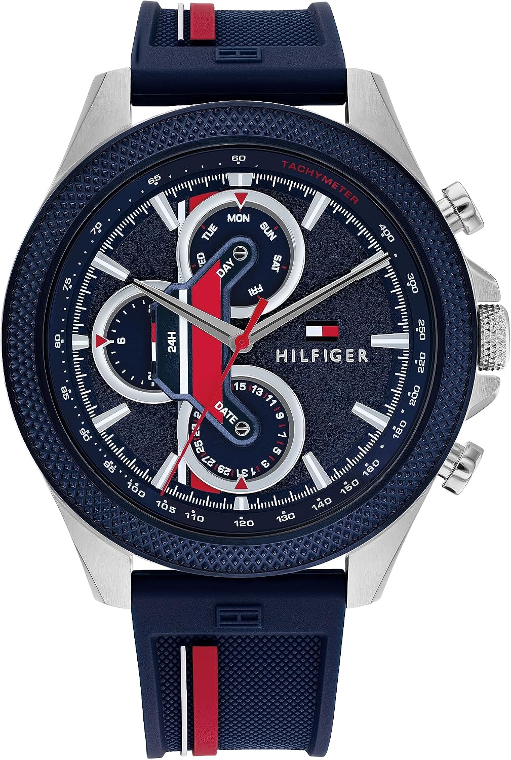 HOTTommy Hilfiger Men's Multifunction Quartz Watch – 46mm Stainless Steel Case, Racing-Inspired Design, 5 ATM Water Resistant, Elegant Modern Timepiece, Gift for Him