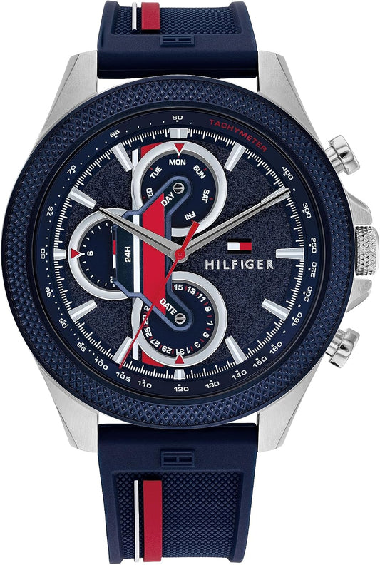 HOTTommy Hilfiger Men's Multifunction Quartz Watch – 46mm Stainless Steel Case, Racing-Inspired Design, 5 ATM Water Resistant, Elegant Modern Timepiece, Gift for Him