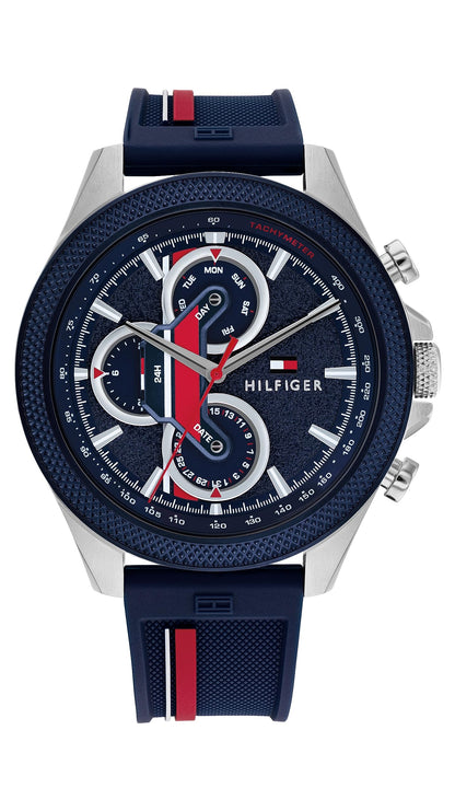 HOTTommy Hilfiger Men's Multifunction Quartz Watch – 46mm Stainless Steel Case, Racing-Inspired Design, 5 ATM Water Resistant, Elegant Modern Timepiece, Gift for Him