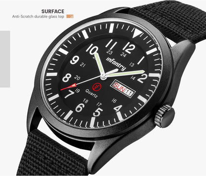 HOTInfantry Mens Military Field Watch, 12/24H Day Date, 5ATM Waterproof Nylon | Tactical Army Style, Analog Quartz, Day Date Window, Breathable Band for Outdoor Work Sport