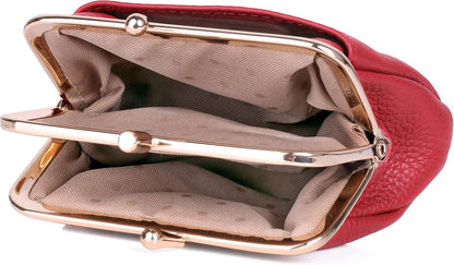 HOTDOPP Pebble Grain Leather Kiss-Lock Coin Purse for Women, Triple Frame with 2 Large Pockets,Gold Tone Hardware