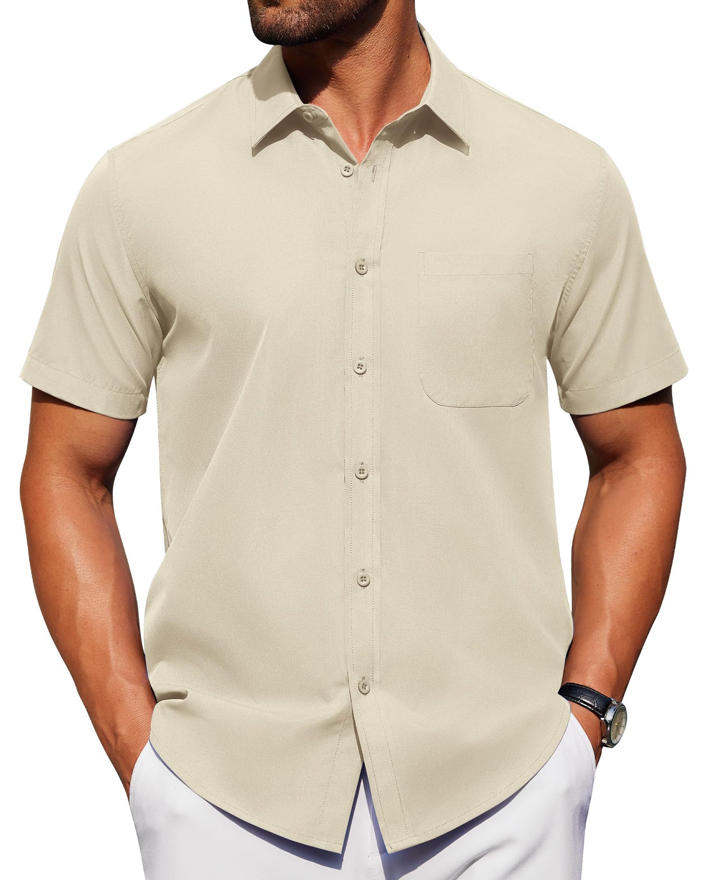 HOTAlimens & Gentle Men's Short Sleeve Dress Shirts Wrinkle Free Untucked Casual Button Down Shirt