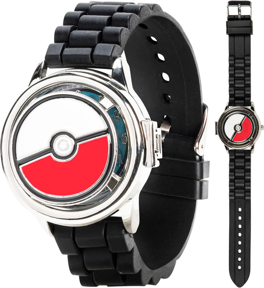 HOTPokémon Spinner Top Analog Watch for Kids – Features Iconic Poké Ball Spinner, Silver Metal Case, Comfortable Silicone Strap, and Pikachu Dial Art, Perfect for Pokémon Fans and Collectors
