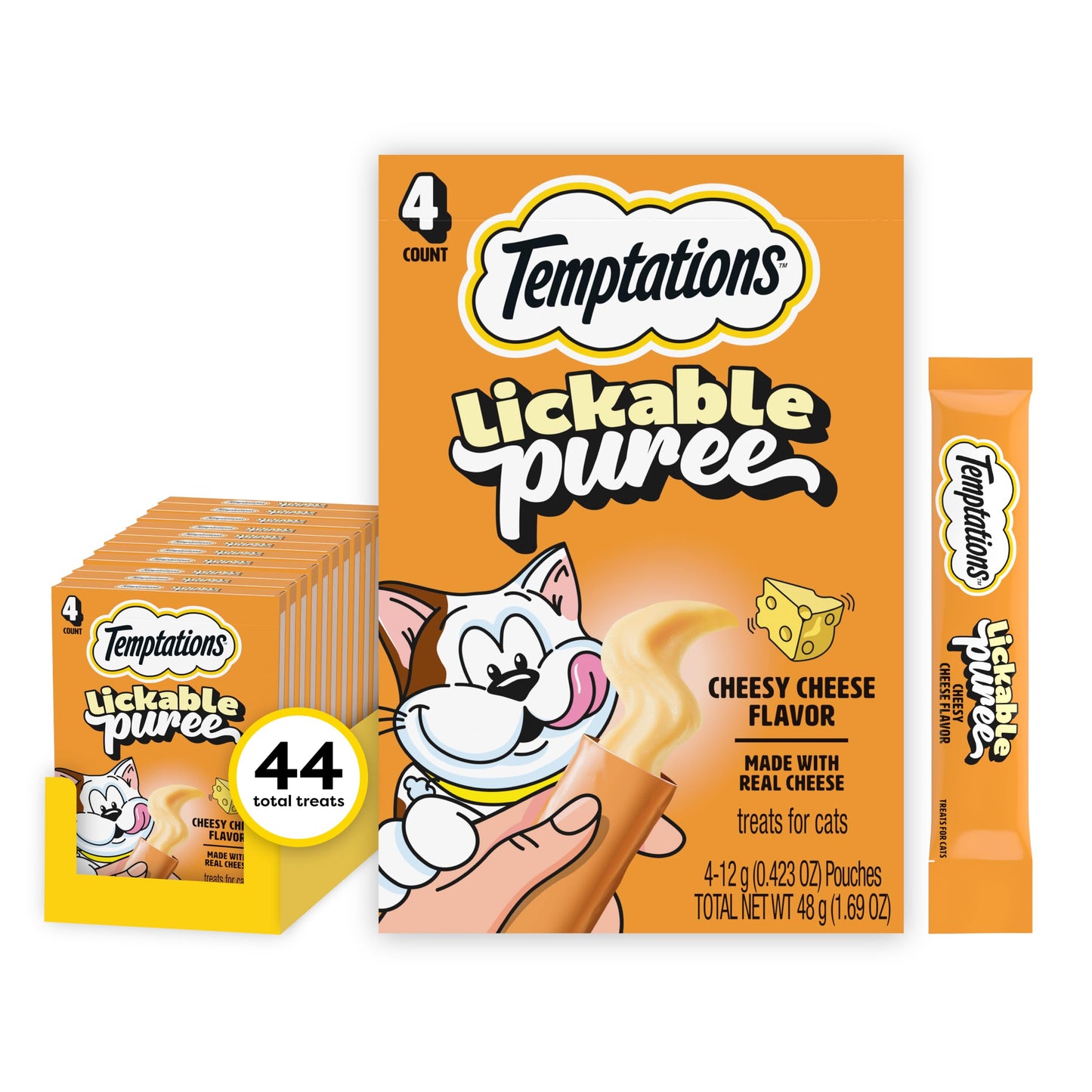 HOTTemptations Creamy Puree Cat Treats, Beef, Chicken, Salmon & Tuna, 48 Count | Beef, Salmon, Chicken & Tuna, under 15 cal/tube, no added sugar or fillers, senior-friendly, meal topper or hand-feed