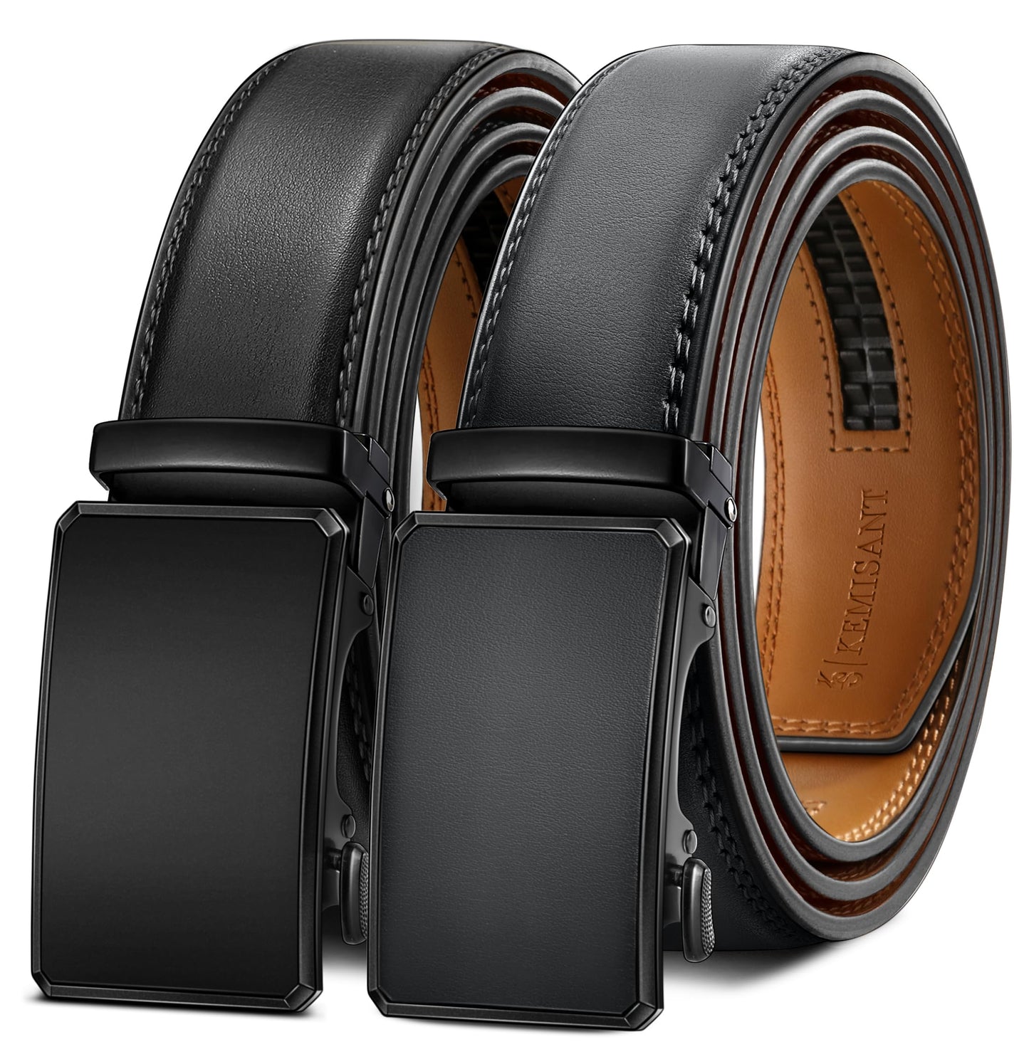 HOTKEMISANT Men's Ratchet Leather Belt 2Pack-Trimmable 1 3/8“-Gift Boxed | Smooth Sliding | Micro Adjustable Fit | Tailored Size | Holeless Understated Elegance
