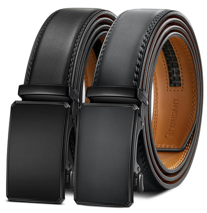 HOTKEMISANT Men's Ratchet Leather Belt 2Pack-Trimmable 1 3/8“-Gift Boxed | Smooth Sliding | Micro Adjustable Fit | Tailored Size | Holeless Understated Elegance