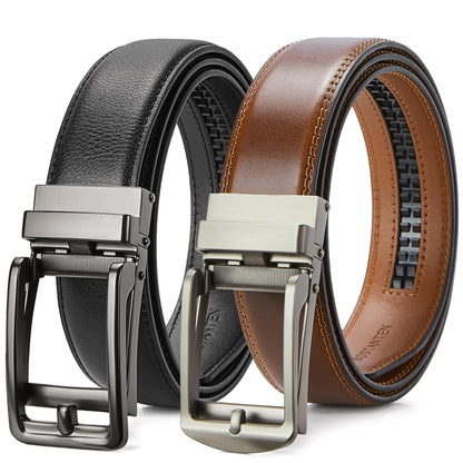 HOTBOSTANTEN Ratchet Leather Belt For Men 2 Pack Dress and Casual with Adjustable Buckle, Trim to Fit