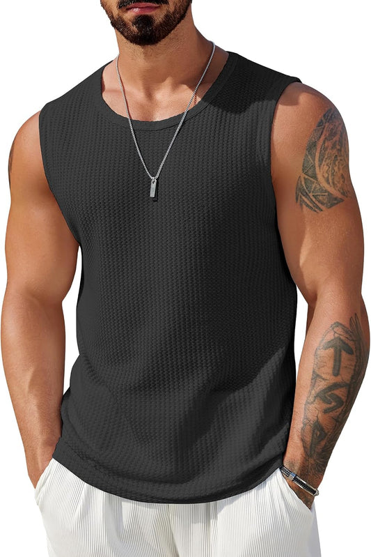 HOTCOOFANDY Mens Casual Tank Tops 2 Pack Waffle Knit Sleeveless Shirt Breathable Tank Shirts Summer Muscle Tee