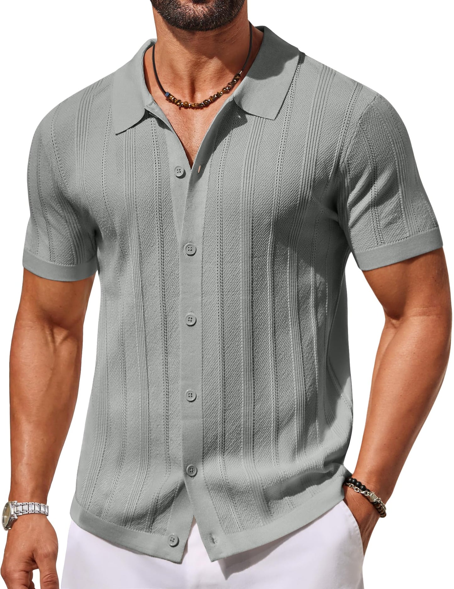 HOTCOOFANDY Men's Knit Button Down Shirts Short Sleeve Polo Shirt Casual Vacation Summer Beach Shirts