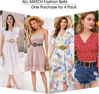HOTWHIPPY Set of 3/4 Straw Woven Elastic Stretch Waist Belts for Women, Fashion Boho Ladies Braided Skinny Dress Belt