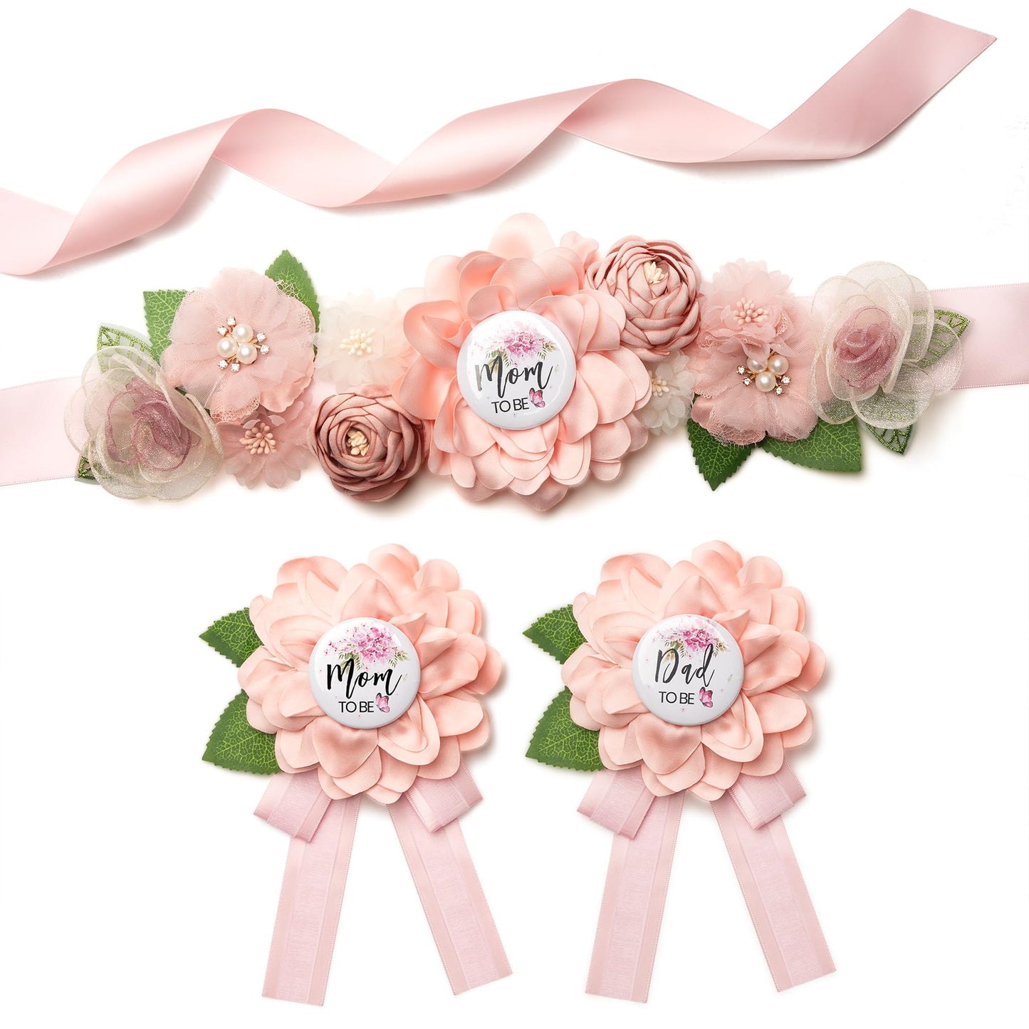 HOTBaby Shower Sash Decorations Mom to Be Corsage Gift Dad to Be Pin 3Pack Set Flower Belt for Maternity Dress - Gender Reveal Pregnancy Photo Props