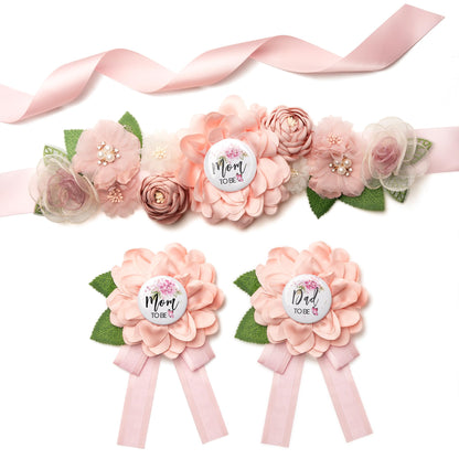 HOTBaby Shower Sash Decorations Mom to Be Corsage Gift Dad to Be Pin 3Pack Set Flower Belt for Maternity Dress - Gender Reveal Pregnancy Photo Props
