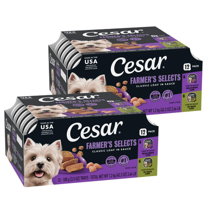HOTCesar Classic Loaf in Sauce Wet Dog Food, Meaty Selects, 3.5 oz, 24 Count | Made in USA, Real beef or chicken #1 ingredient, no fillers or artificial flavors, slow-cooked, easy peel trays