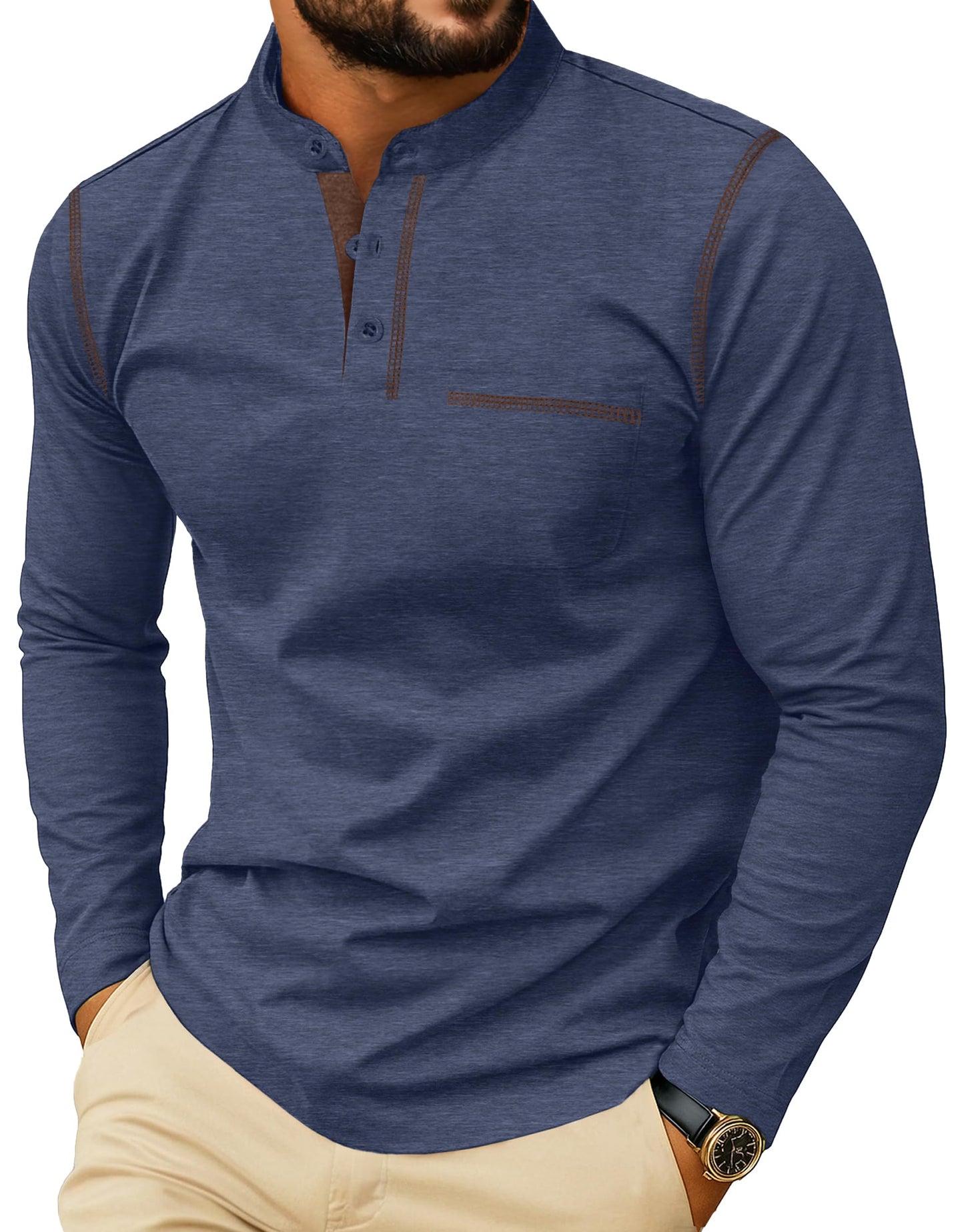 HOTSailwind Men's Henley Shirts Long Sleeve Button T-Shirt Casual Stylish Cotton Pullover Shirt with Pocket