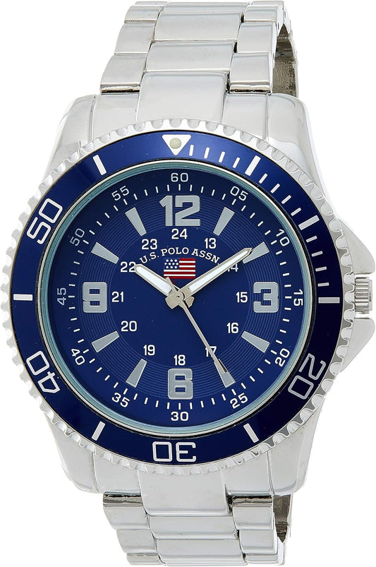 HOTU.S. Polo Assn. Men’s Stainless Steel Analog Watch with Blue Dial, Luminous Hands, Fixed Bezel, Removable Link Bracelet, Classic Sport Design, Fits Wrist Sizes 5.5" to 8" Adjustable