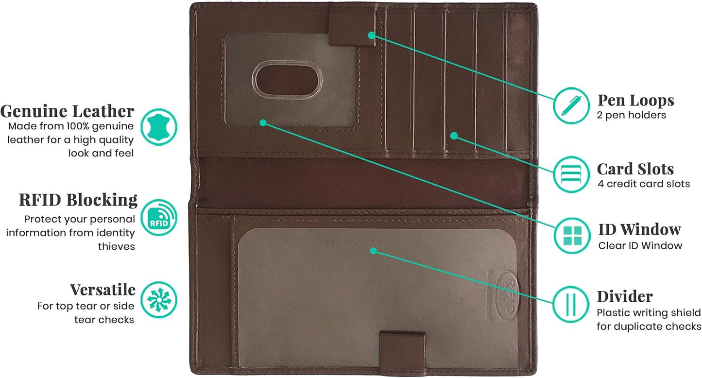 HOTRFID Leather Checkbook Cover With Credit Card Slots and Pen Holder