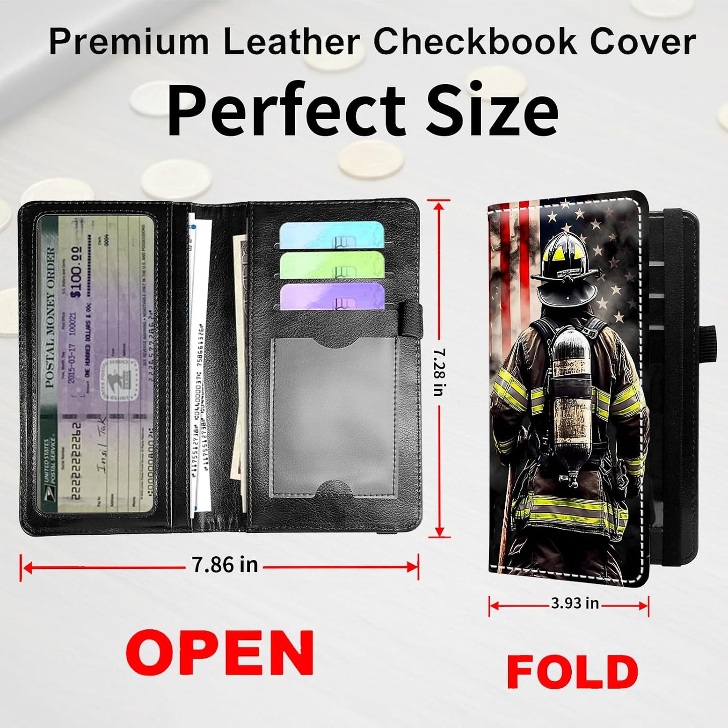 HOTPU Leather Checkbook Cover for Personal & Duplicate Checks, Slim RFID Blocking Checkbook Wallet with Card Slots, Elastic Strap Checkbook Holder Stylish Wallet for Men & Women, Flag Firefighter